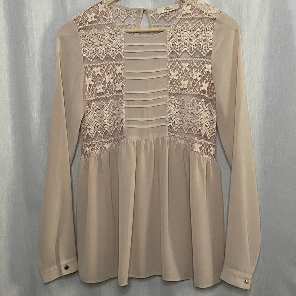 Elodie Buff Chiffon & Lace Long Sleeve Blouse